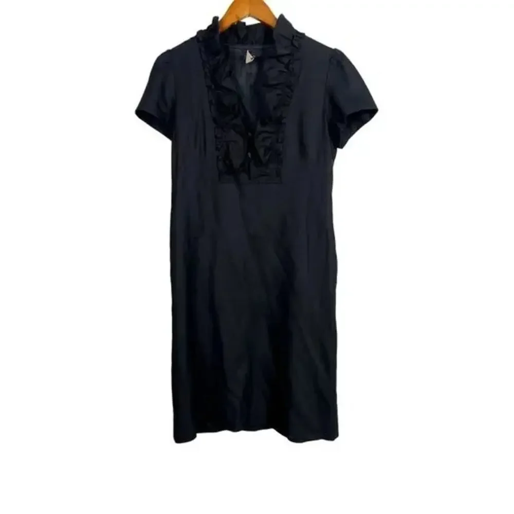 J. Crew Madeline Ruffle Collar Wool Short Sleeve Dress Pockets Side Zip 2 Black